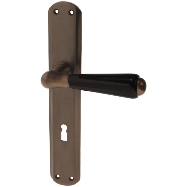 Zimmertürgarnitur Federspiel in Messing, antik