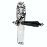 Zimmertürbeschlag aus Messing vernickelt, hochglanz poliert silber außergewöhnliche Form
